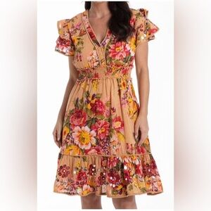 Talisman Costa V-Neck Ruffle Sleeve Valencia Floral Metallic Print Dress